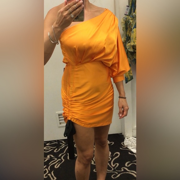 One Shoulder Dress, Satin, short Orange/Gold Color, classy cocktail, Size S - Picture 3 of 16